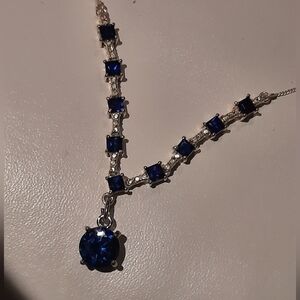 Elegant VICTORIAN Blue Sapphire CZ Necklace & Studs Set Solid Sterling Silver